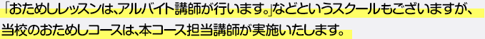 「おためしレッスンは、アルバイト講師が行います。」などというスクールもございますが、当校のおためしコースは、本コース担当講師が実施いたします。